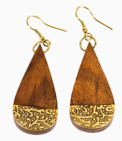 Earth and Fire Teardrop Earrings - Wood, Etched Brass