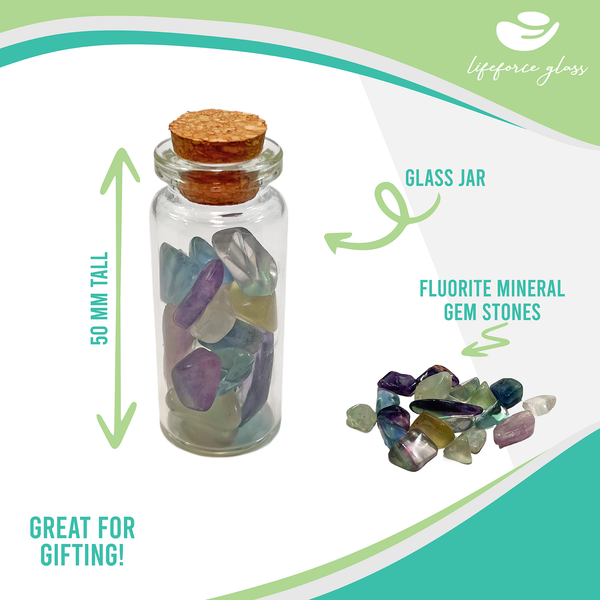 Fluorite Stone Pieces in a Glass Jar with Backing Card