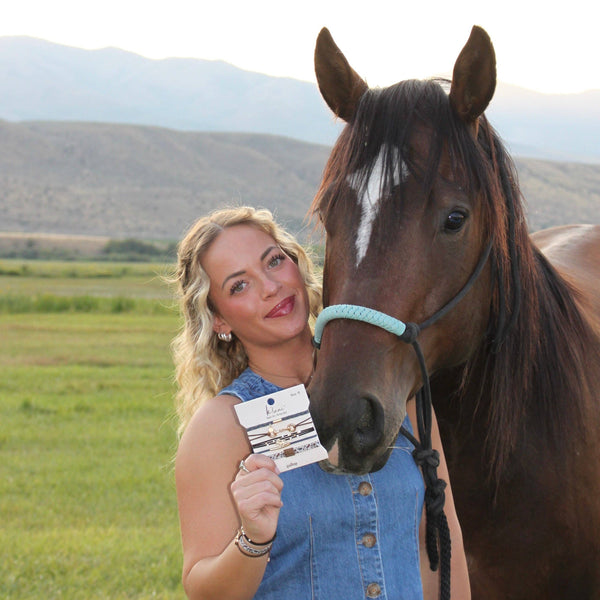 "Gallop" Horse & Bit Equestrian Accents in Rich Brown & Blue Hair Tie Bracelets: Medium