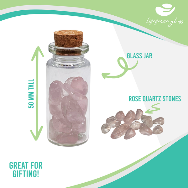 Rose Quartz Stones in a Glass Jar with a Backing Card