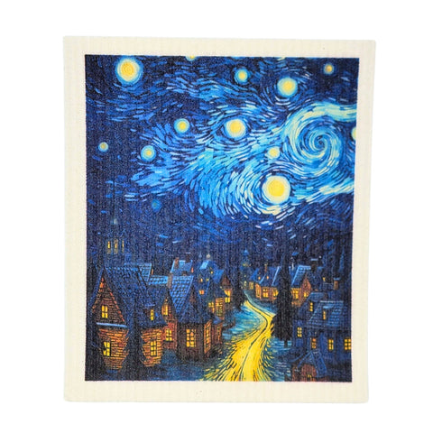 Starry Night Winter Village Swedish Dishcloth Holiday Decor