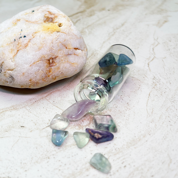 Fluorite Stone Pieces in a Glass Jar with Backing Card