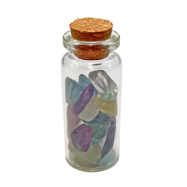 Fluorite Stone Pieces in a Glass Jar with Backing Card