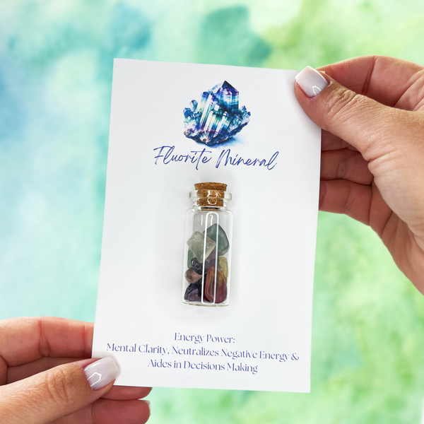 Fluorite Stone Pieces in a Glass Jar with Backing Card