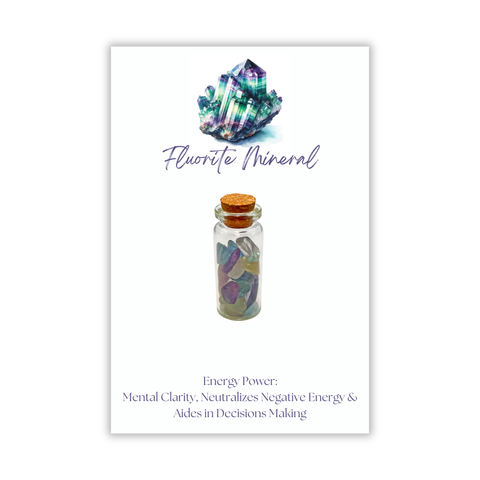 Fluorite Stone Pieces in a Glass Jar with Backing Card