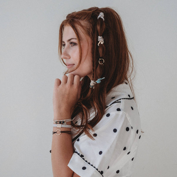 "Flirt" Polka Dot in Cream & Black with Green Accent Hair Tie Bracelets: Small