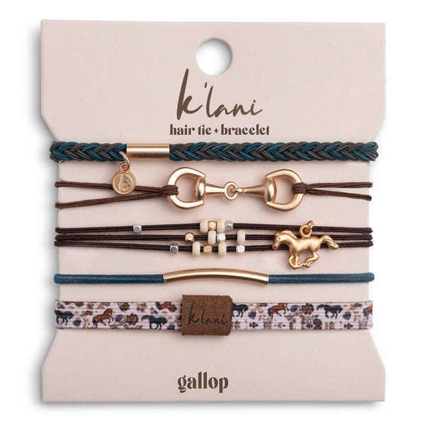 "Gallop" Horse & Bit Equestrian Accents in Rich Brown & Blue Hair Tie Bracelets: Medium