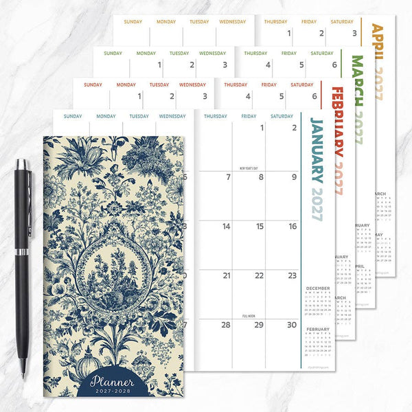 2027-2028 Blue Toile Small Monthly Pocket Planner