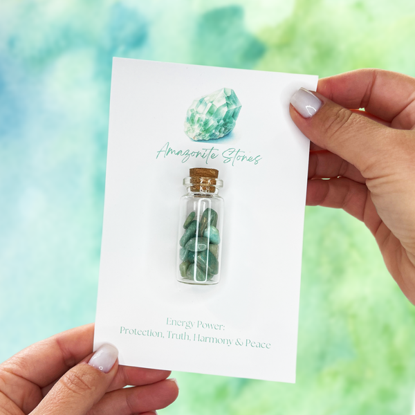 Natural Amazonite Stones in a Glass Jar with Backing Card