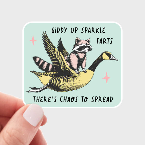Giddy Up Sparkle Farts Sticker - raccoon, goose, funny, cute