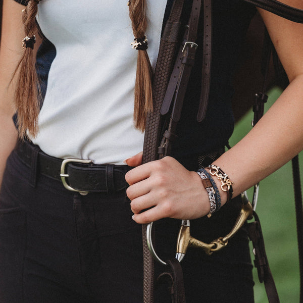 "Gallop" Horse & Bit Equestrian Accents in Rich Brown & Blue Hair Tie Bracelets: Medium