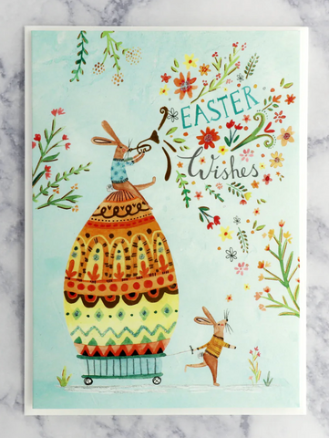 Rabbits With Egg on Wheels Easter Card