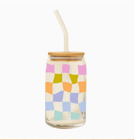 Can Glass W/Lid + Straw - Carnival Check