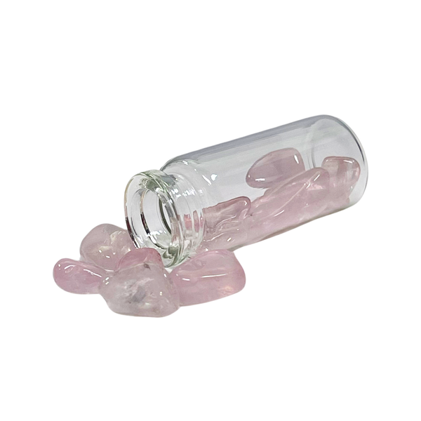 Rose Quartz Stones in a Glass Jar with a Backing Card