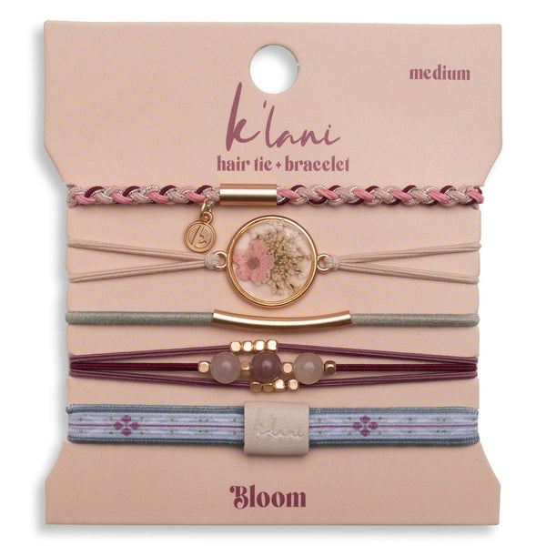 "Bloom" Maroon and Pink with Pressed Flowers Hair Tie Bracelets: Medium
