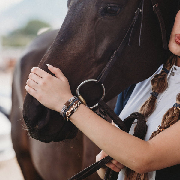 "Gallop" Horse & Bit Equestrian Accents in Rich Brown & Blue Hair Tie Bracelets: Medium