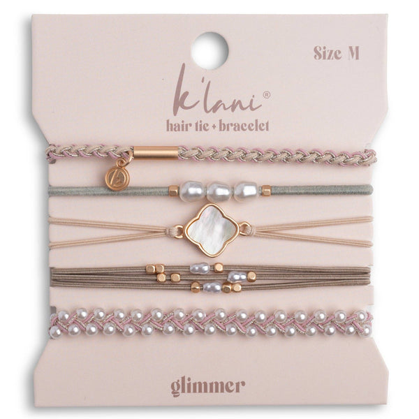 "Glimmer" Soft Pinks with Pearl and Gold Accent Hair Tie Bracelets: Medium