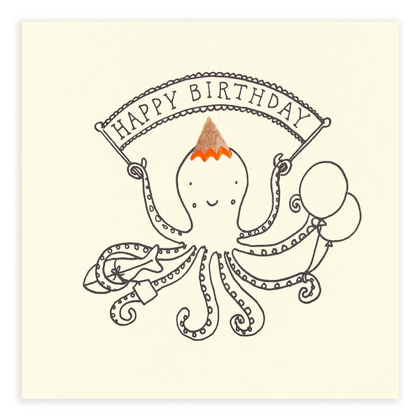 Birthday Octopus Card– Handfinished UK Real Pencil Shavings