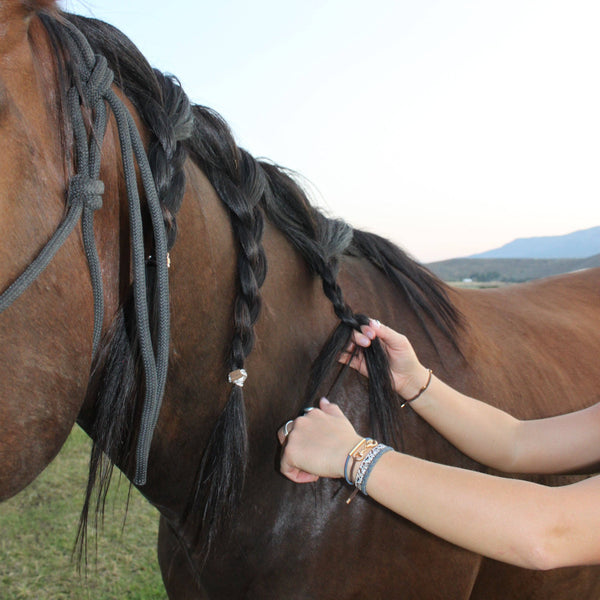 "Gallop" Horse & Bit Equestrian Accents in Rich Brown & Blue Hair Tie Bracelets: Medium