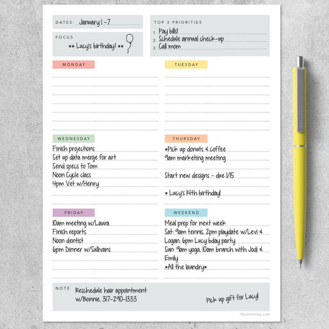 Simply Weekly Color Coded Task Pad