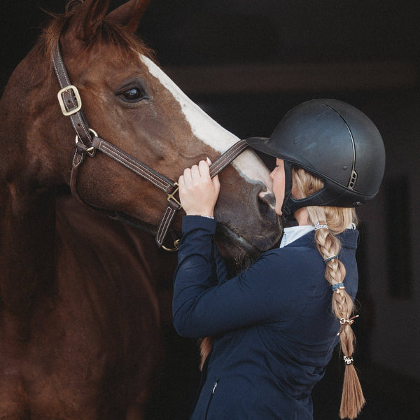 "Gallop" Horse & Bit Equestrian Accents in Rich Brown & Blue Hair Tie Bracelets: Medium