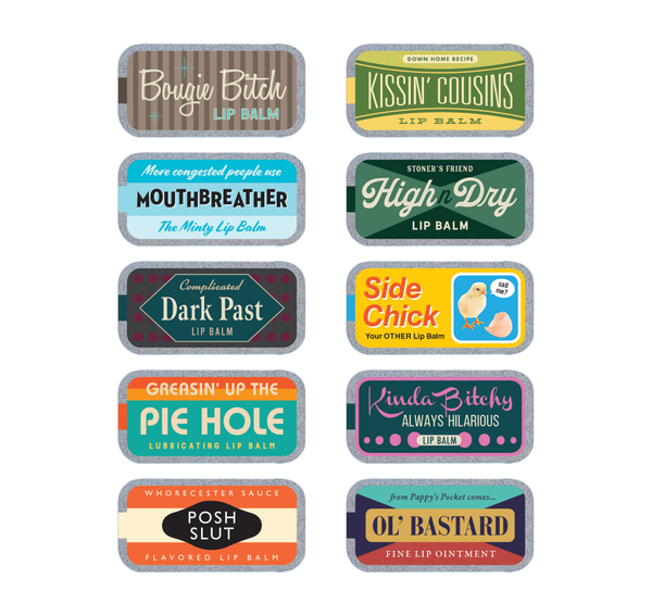 Funny Old School Lip Balm Tin Set with Display (Explicit)