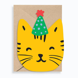 Die Cut Party Hat Cat Single Birthday Card