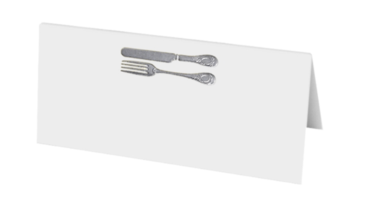 Silver Knife and Fork White Place Cards