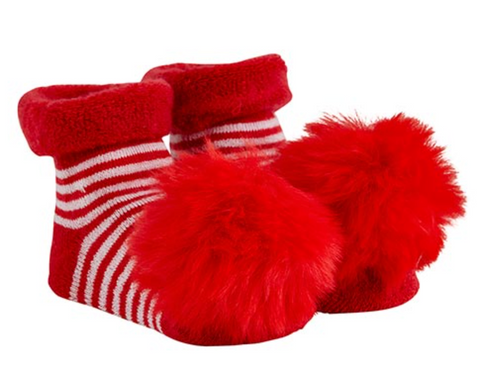 Pom Socks - Stripe+Red Fur Pom, 3-12 months