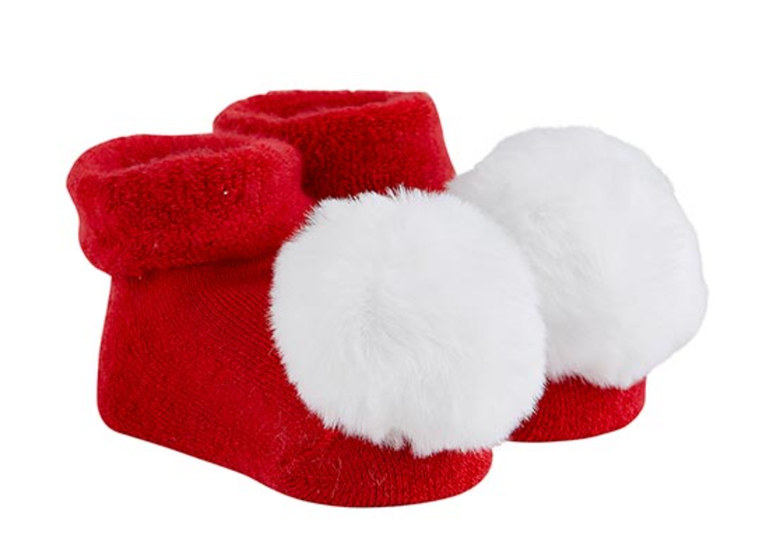 Pom Socks - Red+White Fur Pom, 3-12 months