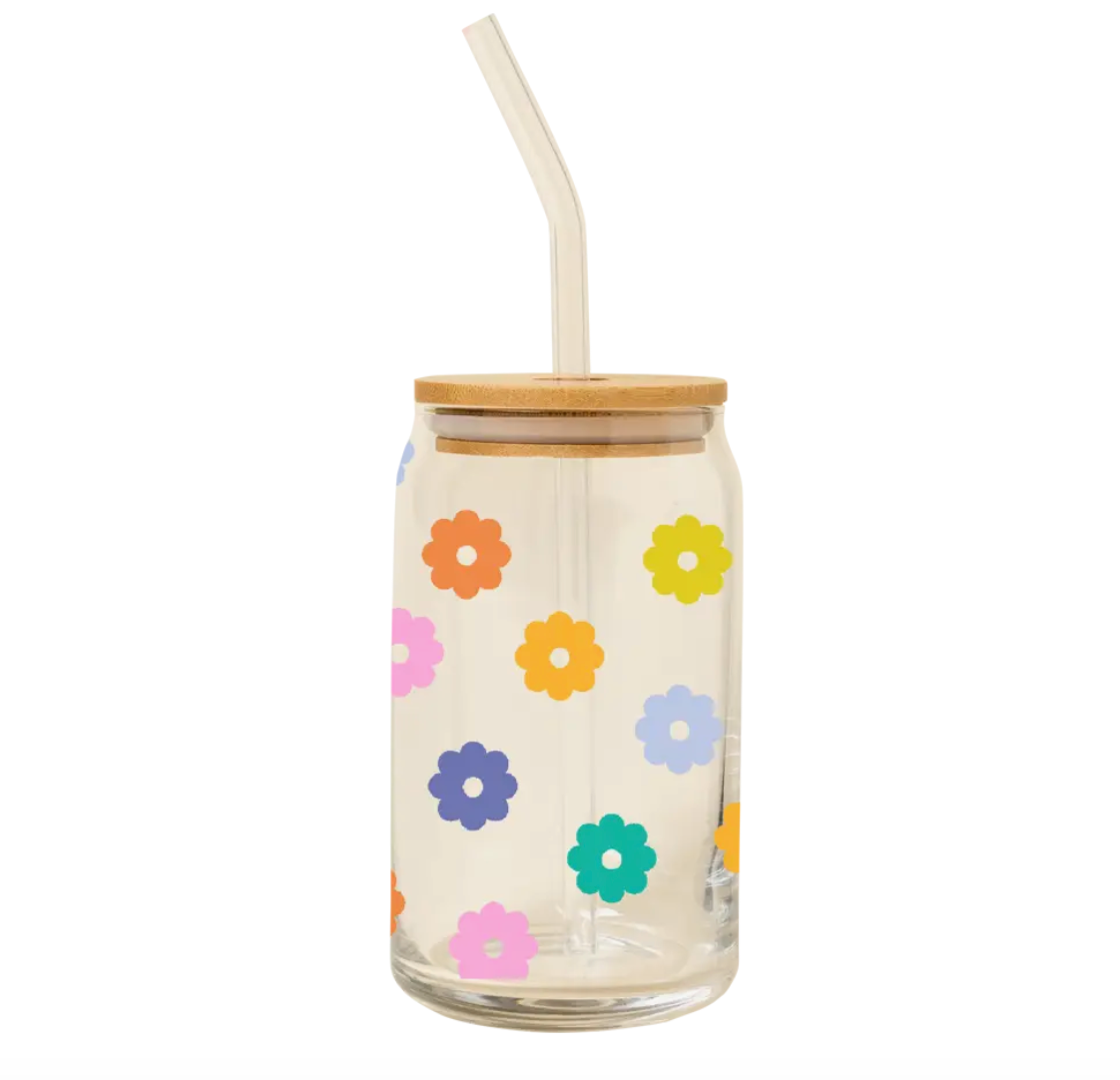 Can Glass w/Lid + Straw - Daisy